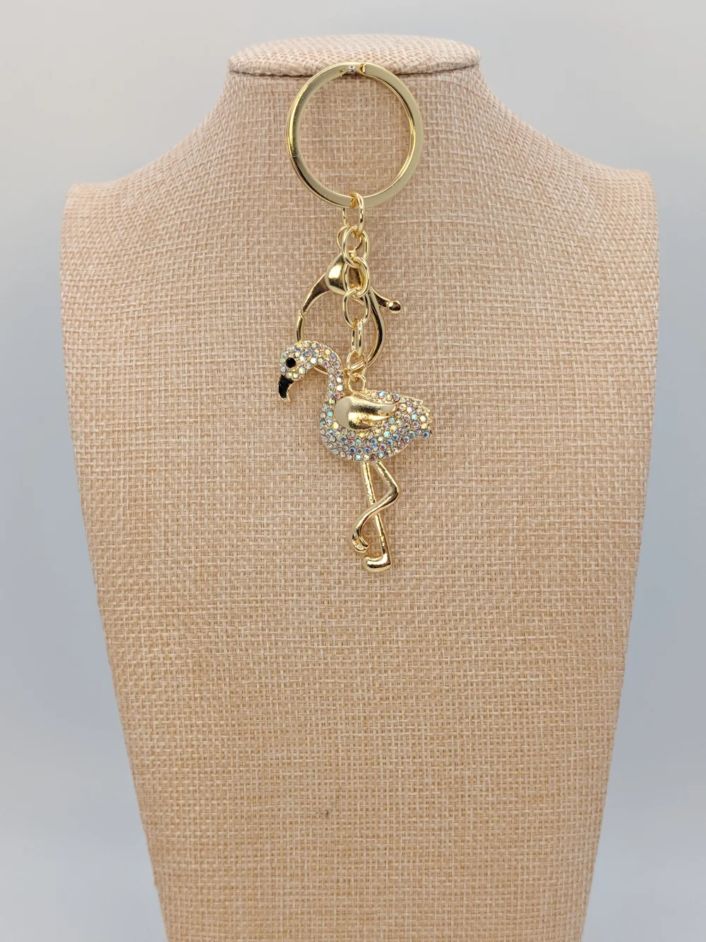 Gold Tone Iridescent Rhinestones Flamingo Keychain Bag Charm